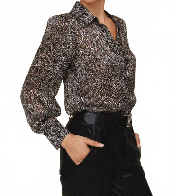 Bella Dahl Three Quarter Bishop Sleeve Button Up Shirt Silver Leopard Large 3