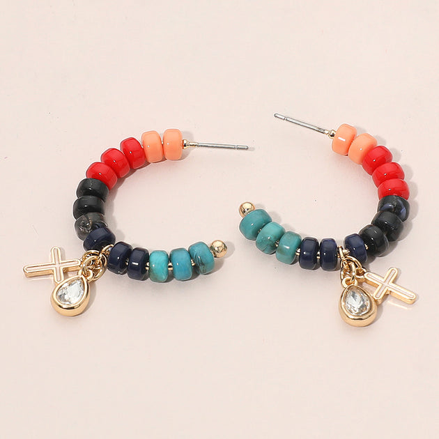 FASHNZFAB Cross Stone Cluster Charm Beaded Open Hoop Earrings Blue 5