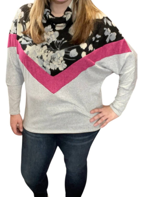 Honeyme Floral Chevron Cowlneck Sweater Grey Large 2