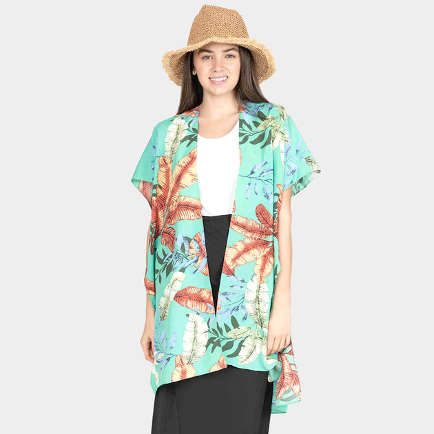 TRUEDAMES Tropical Leaf Lace Cover Up Kimono Poncho Beige One Size 2