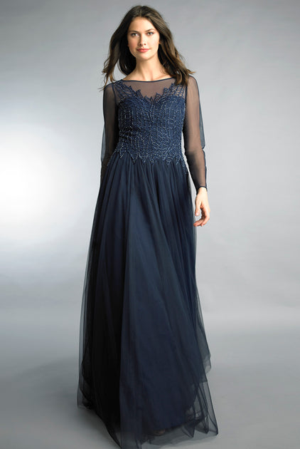 BASIX BLACK LABEL Langarm besticktes Abendkleid Blau US 4 2