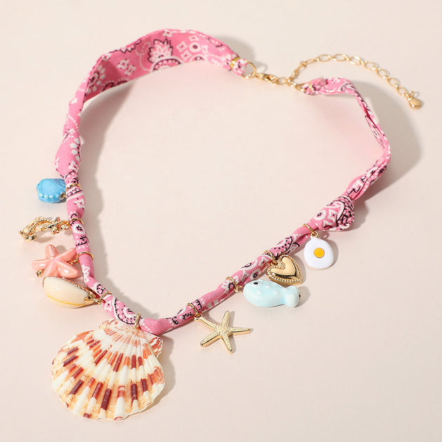 FASHNZFAB Charm Station Fabric Statement Necklace Pink 3