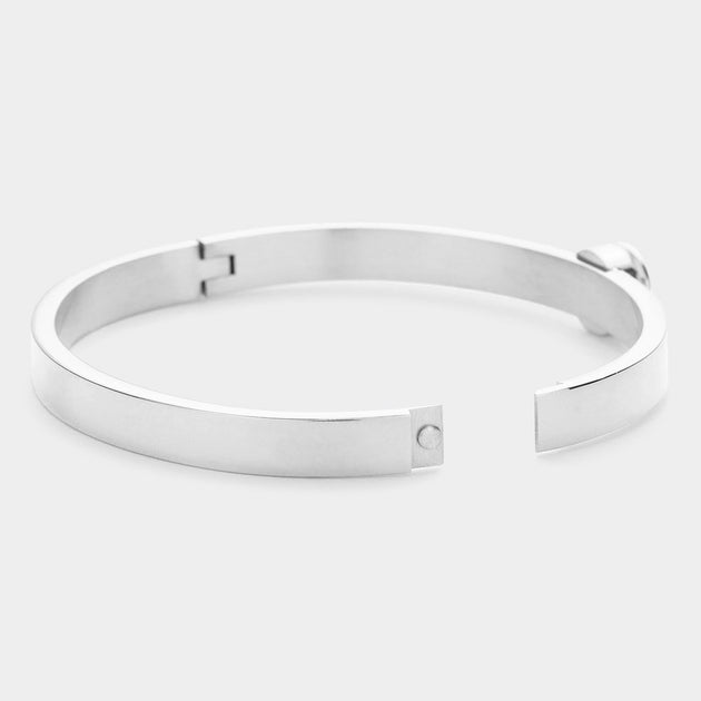 FASHNZFAB Round Stone Accented Stainless Steel Bangle Silver One Size 3