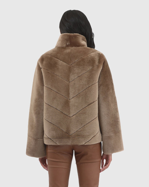 Gorski Reversible Merino Shearling Lamb Chevron Jacket Beige Large 4