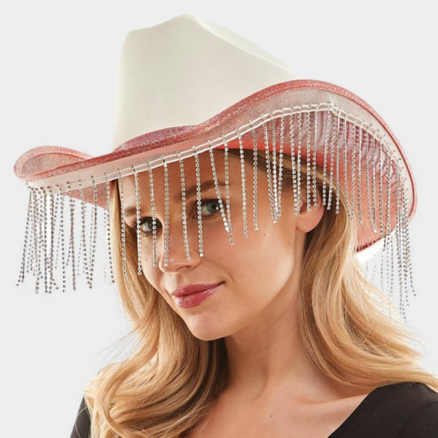 FASHNZFAB Rhinestone Fringe Cowboy Hat Purple 4