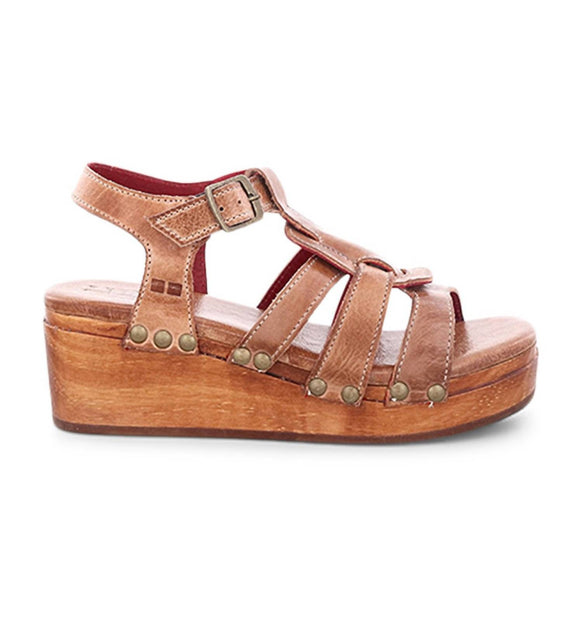 BEDSTU Women's Buckle Ankle Strap Wooden Wedge Sandal In Cafe