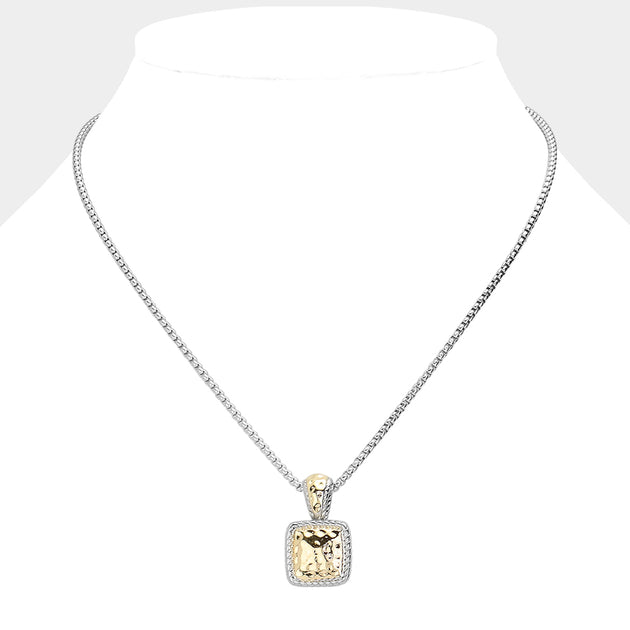 FASHNZFAB Square Hammered Metal Pendant Necklace Gold One Size 3