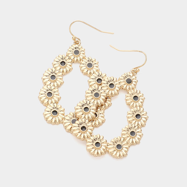 FASHNZFAB Metal Flower Teardrop Dangle Earrings Gold/Jet Black 3