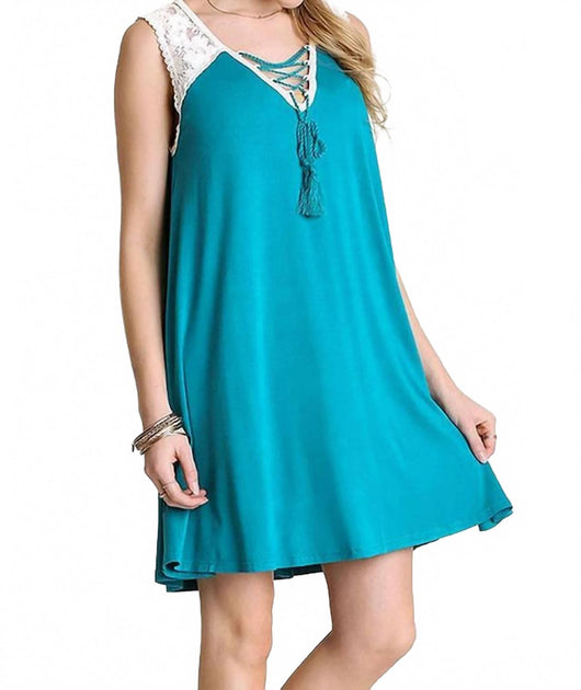 Umgee Lace Up Tassel Tie Dress Blue Small 3