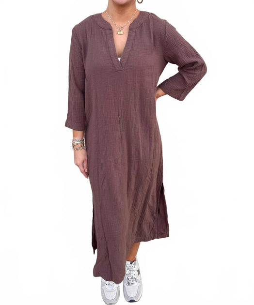 bobi Raw Edge Caftan Dress In Earthy Brown