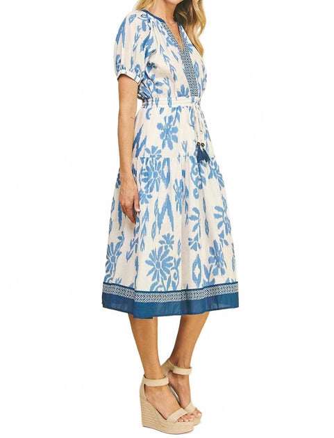 PINCH Robe Mi-longue Col V à Motifs Floraux Contrastés Bleu Medium 3