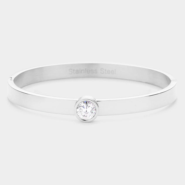 FASHNZFAB Round Stone Accented Stainless Steel Bangle Silver One Size 2