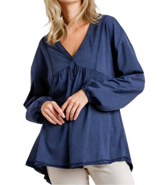 Umgee Puff Sleeve Babydoll Top Blue Large 2