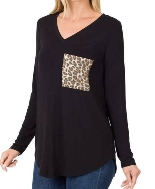 Zenana Leopard Pocket V-Neck Long Sleeve Top Noir 3X 2
