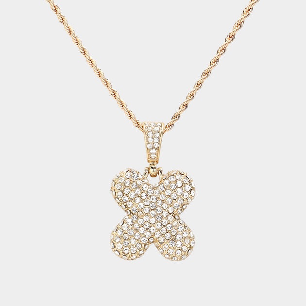 FASHNZFAB X Rhinestone Initial Monogram Pendant Brass Chain Necklace Silver 2