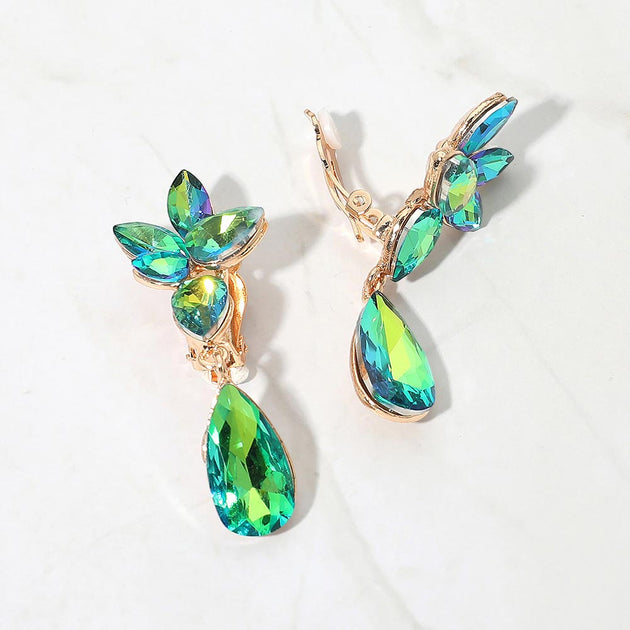 FASHNZFAB Marquise Stone Cluster Floral Teardrop Clip On Earrings Multi 8