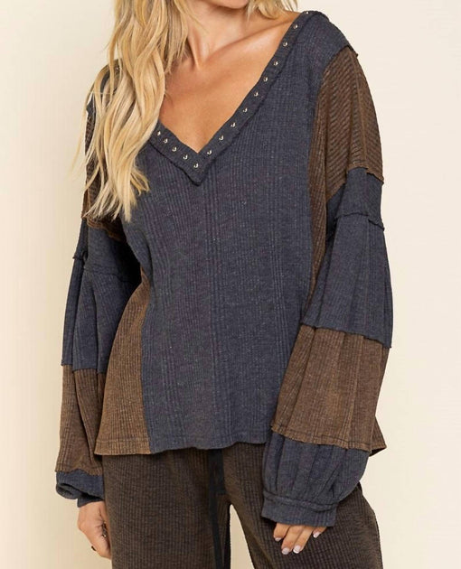 POL Stud Detail Balloon Sleeve Top Grey Large 3