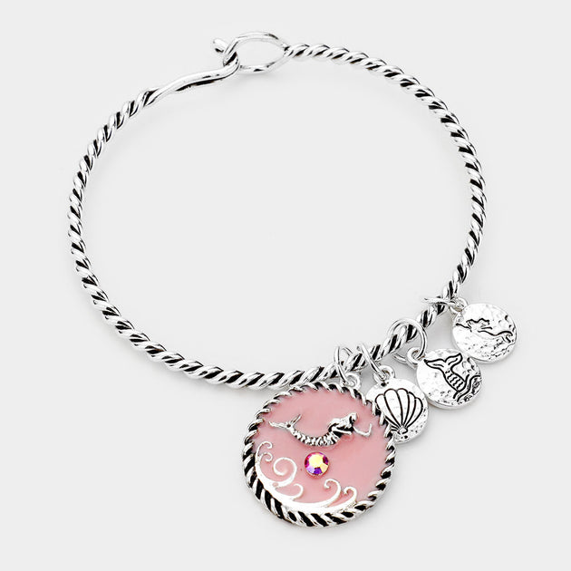 FASHNZFAB Mermaid Shell Charm Hook Bracelet Antique Silver Pink One Size 2