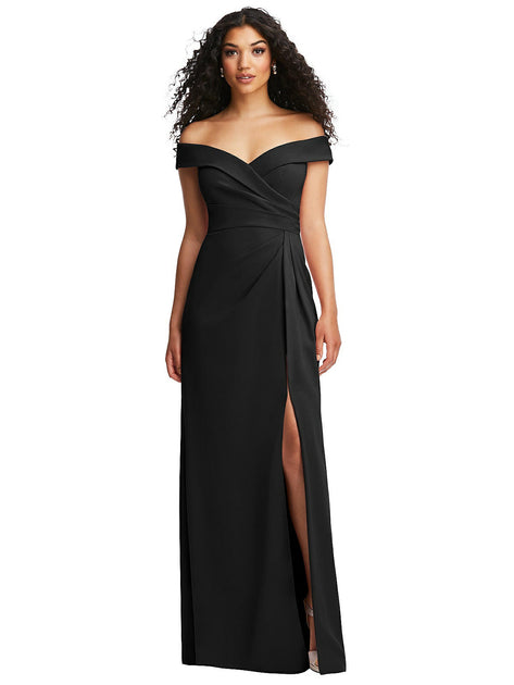 After Six Cuffed Off-the-Shoulder Pleated Faux Wrap Maxi Dress Black US 2 4