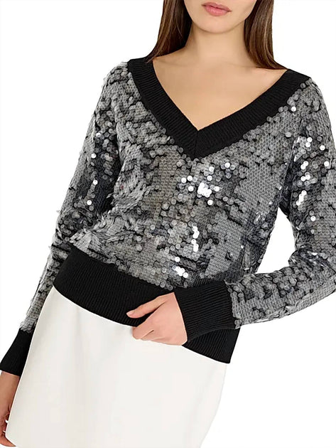 Milly Ilaria Sequin V-Neck Sweater Black XLarge 4