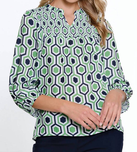 Multiples Smocked Woven Top Green Small 2