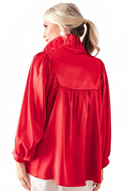 Adrienne Morgan Ruffle Collar Satin Blouse Red Medium 3
