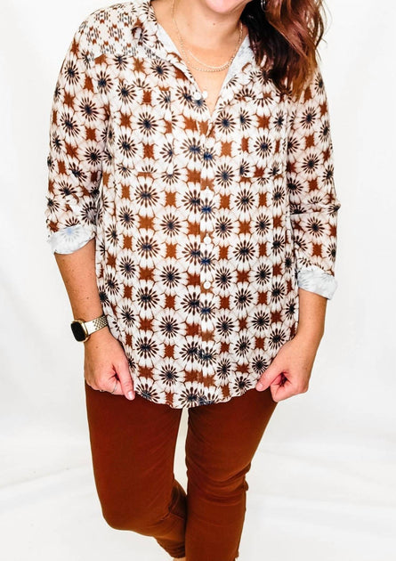 Charlie B Printed Button Up Top White Small 2