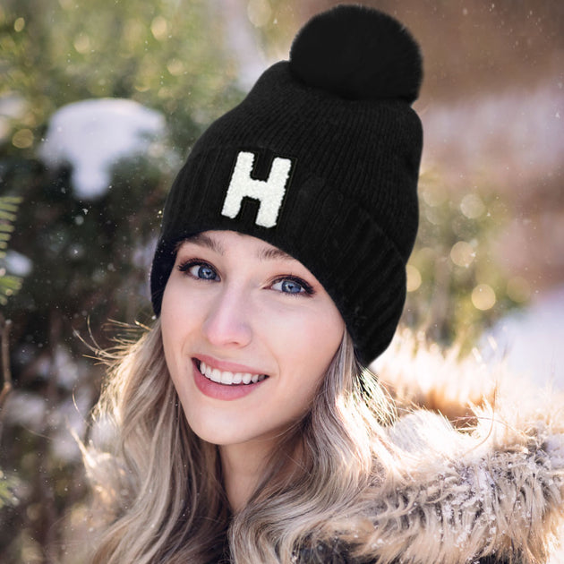 FASHNZFAB H Initial Monogram Faux Fur Pom Pom Knit Beanie Hat Red 4
