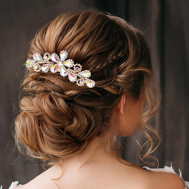 FASHNZFAB Teardrop Stone Flower Leaf Hair Comb Gold 3