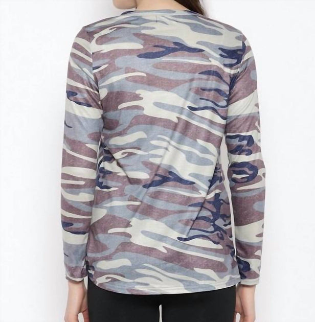 Shirley Stone Camo Keyhole Knot Top Blue 2X 4