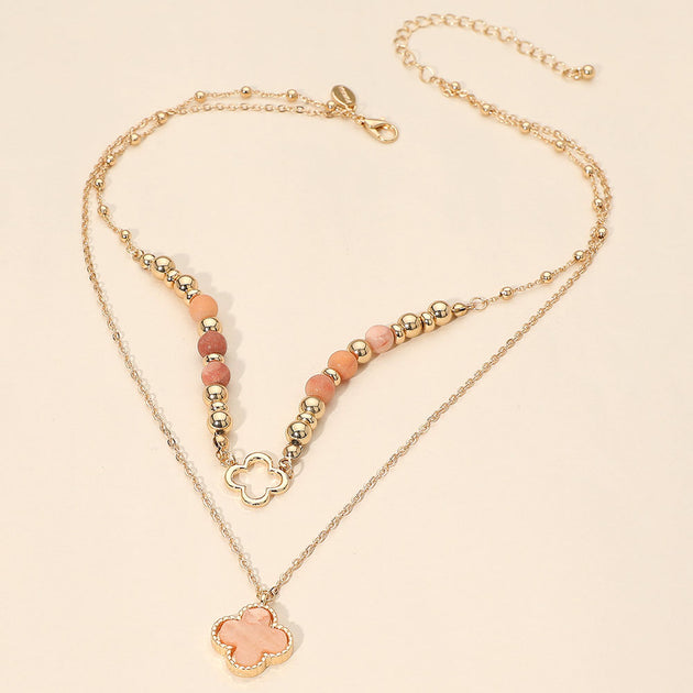 FASHNZFAB Layered Quatrefoil Pendant Collier Gold Rose Pêche Taille Unique 4
