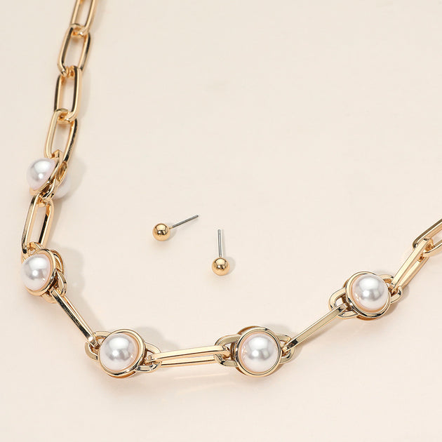 FASHNZFAB Pearl Cluster Link Paperclip Chain Necklace Silver 4
