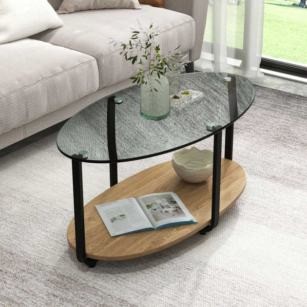 Hivvago 2-Tier Oval Coffee Table Brown 4