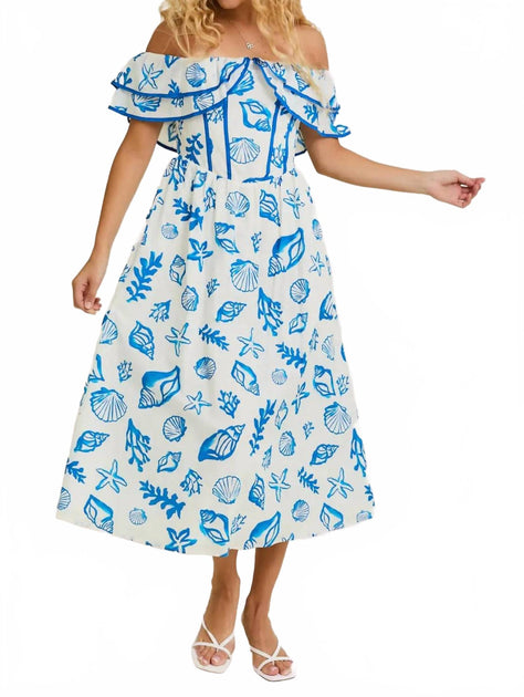 LE LIS Shelly Off Shoulder Midi Kleid Blau XS 2