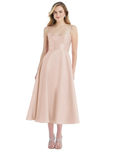 Alfred Sung Spaghetti Strap Full Skirt Satin Midi Dress Blue US 12 4