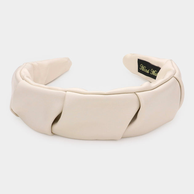 FASHNZFAB Pleated Solid Faux Leather Headband Pink 3