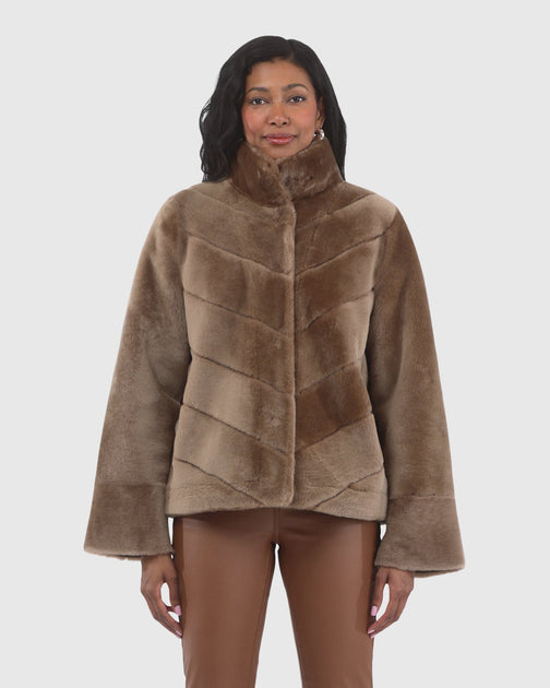 Gorski Reversible Merino Shearling Lamb Chevron Jacket Beige Large 2