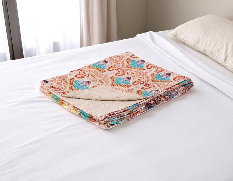 Hivvago Ikat Cotton Quilted Kantha Throw Beige/Pink 50x70in 3