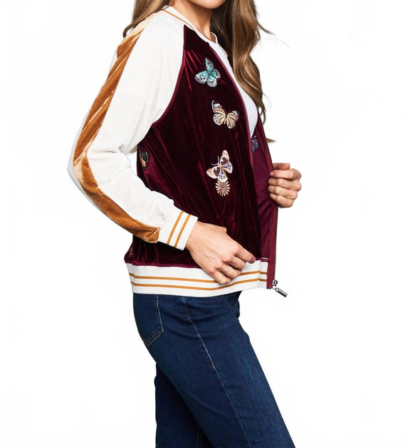 PAPARAZZI Embroidered Velvet Baseball Jacket Red Medium 4