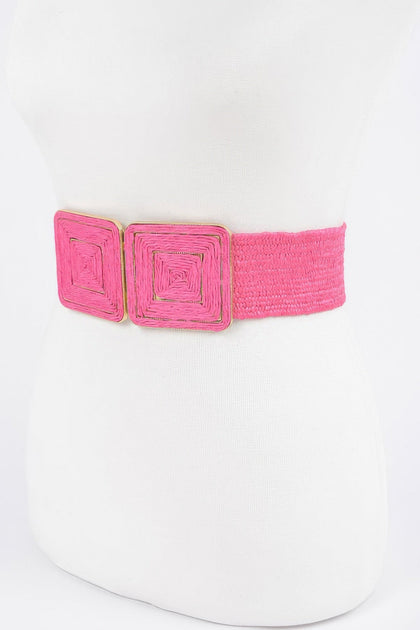 FASHNZFAB Faux Straw Two Buckle Elastic Belt Pink One Size 5