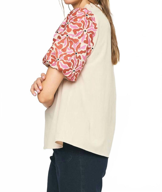 entro Embroidered Puff Sleeve Top Beige Medium 3