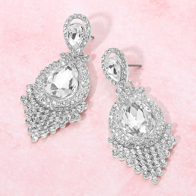 FASHNZFAB Teardrop Dangle Earrings Clear Silver Pink 3
