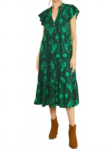 Entro Floral & Leaf Ruffle Midi Dress Green 1X 2