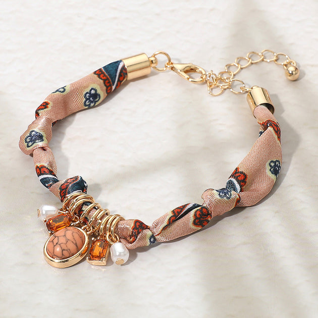 FASHNZFAB Stone Cluster Pearl Charm Boho Fabric Bracelet Red 4