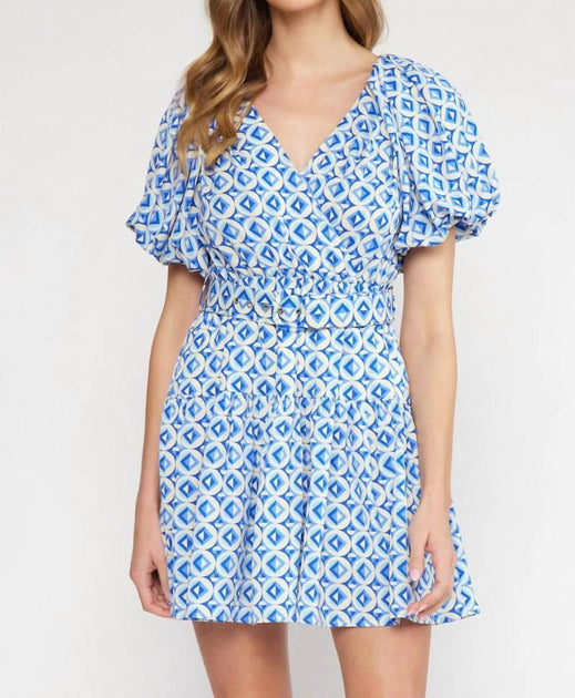 entro V-Neck Puff Sleeve Mini Dress In Blue Geo Print