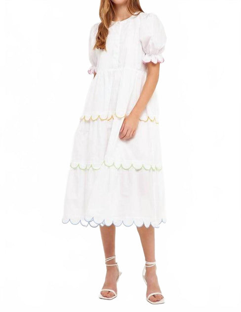 2.7 August Apparel Scallop Edge Puffy Short Sleeve Midi Dress White Small 2