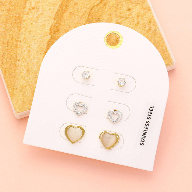 FASHNZFAB Heart Stud Earring Set Silver 4
