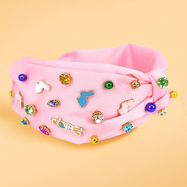 FASHNZFAB Colorful Stone Cluster Enamel Easter Bunny Knot Headband Pink 2