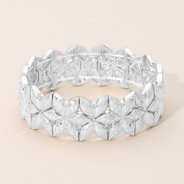 FASHNZFAB Geometric Floral Metal Beaded Stretch Bracelet Silver 4
