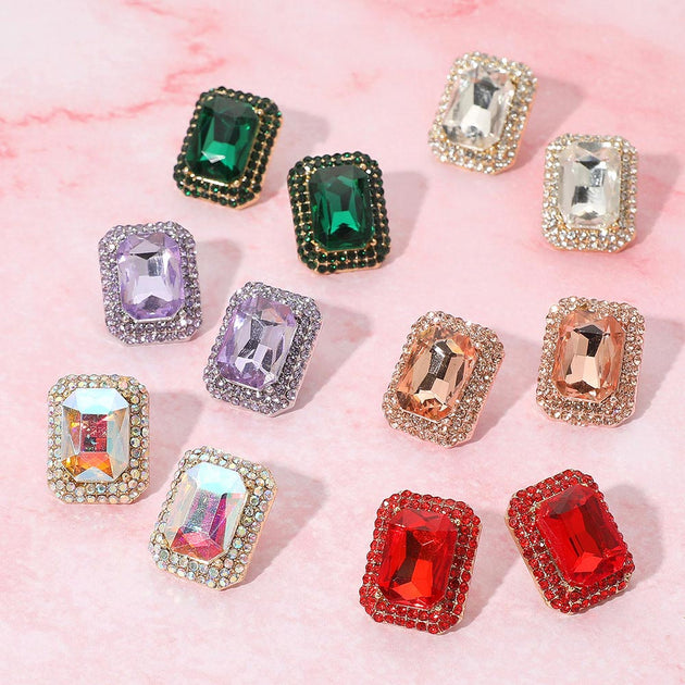 FASHNZFAB Rectangular Rhinestone Stud Earrings Multi 5